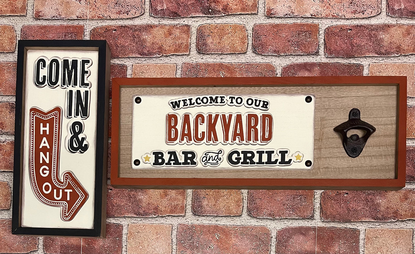 Welcome to our Backyard BBQ and Come in and Hang out - unpainted wooden cutouts, ready for you to paint, with metal bottle opener & tacks