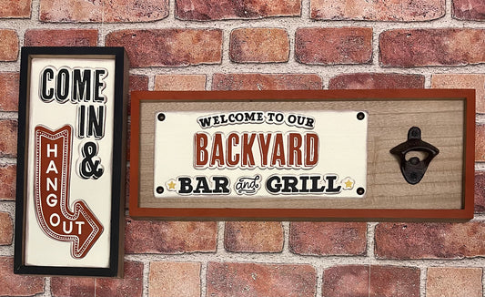 Welcome to our Backyard BBQ and Come in and Hang out - unpainted wooden cutouts, ready for you to paint, with metal bottle opener & tacks
