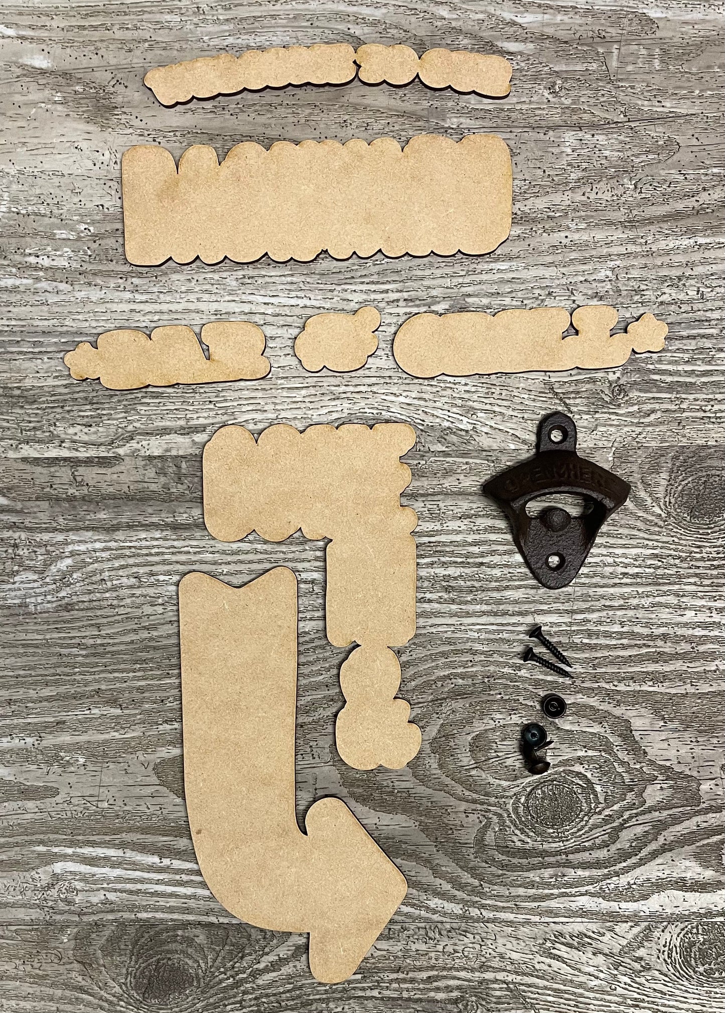 Welcome to our Backyard BBQ and Come in and Hang out - unpainted wooden cutouts, ready for you to paint, with metal bottle opener & tacks