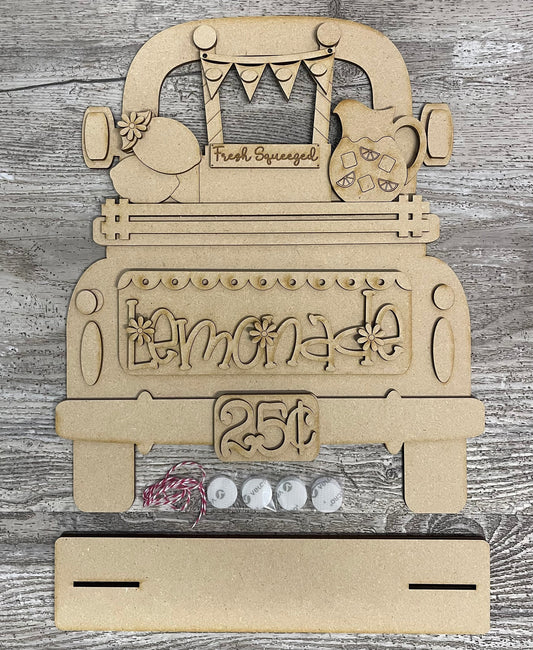 Lemonade Truck with the removable piece and license plate unpainted wood cutouts, Lemon Truck ready for you to paint, includes truck