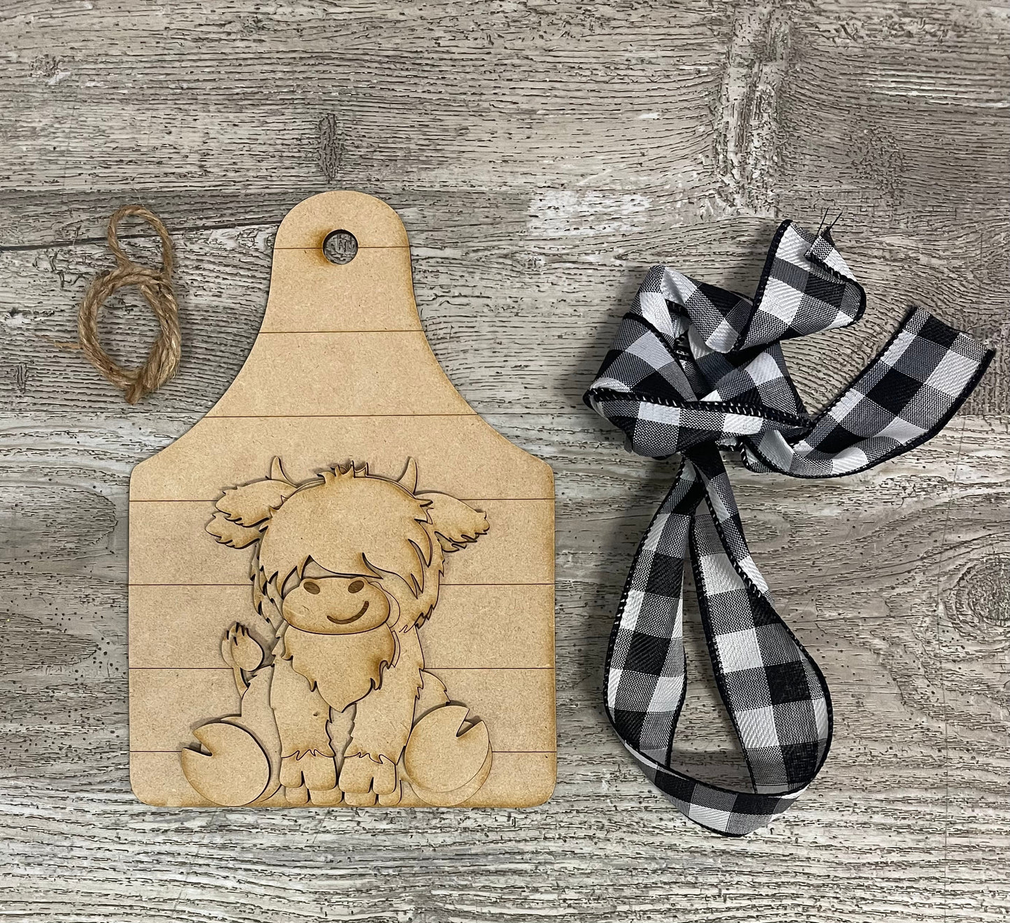 Highland Cow with Tag, ribbon and jute, unpainted ready for you to finish