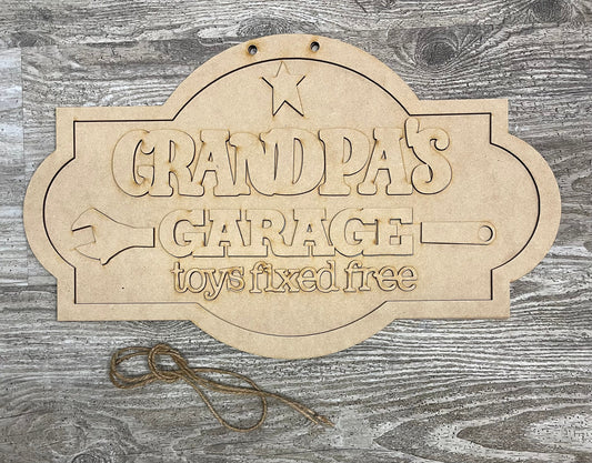Grandpa's Garage Sign, unpainted wooden cutouts - ready for you to paint, includes the circle