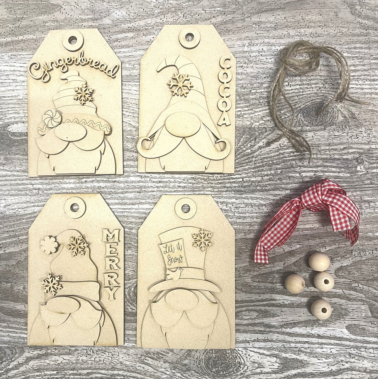 Christmas Gnome Tag Ornaments, Christmas Ornaments, unpainted ready for you to finish, with ribbon, jute and beads