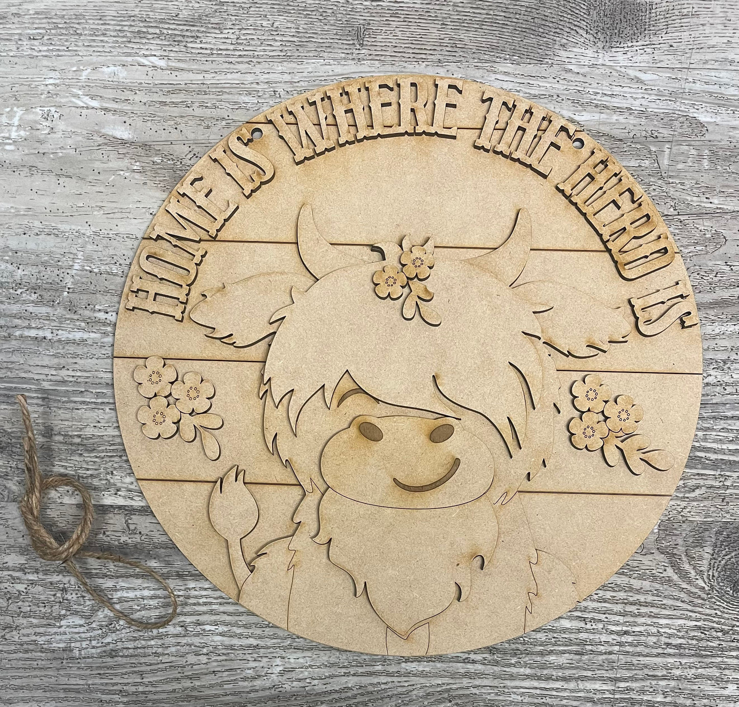 Highland Cow Sign cutouts, 11 or 16 inches unfinished cutouts with Round Door sign piece