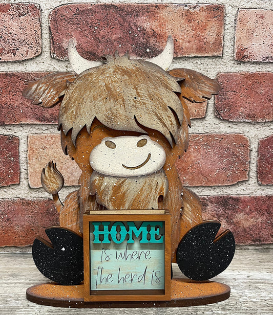 Highland Cow sitter with changeable sign cutouts, unpainted ready for you to finish