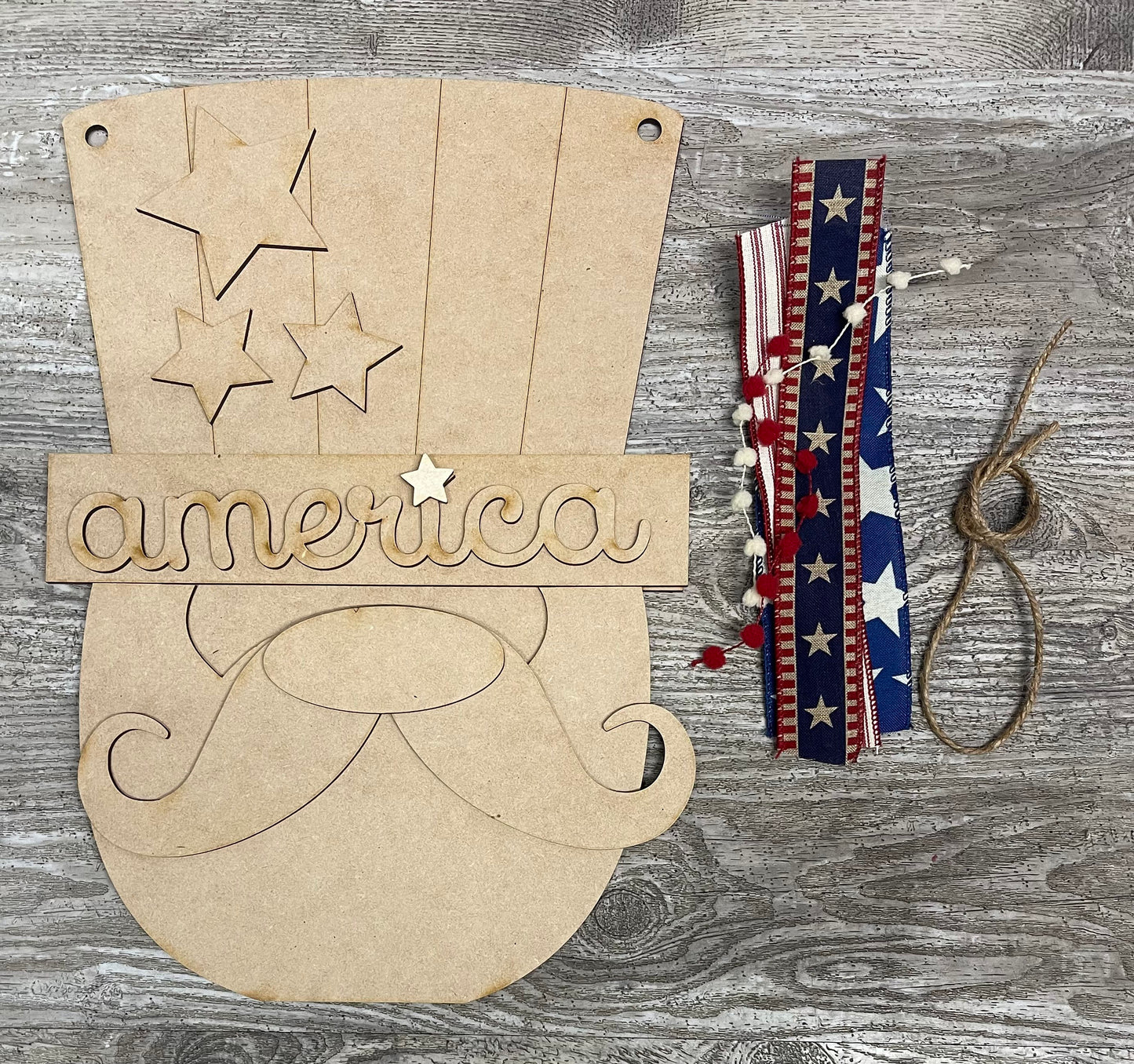 Large Uncle Sam Door Hanger with Ribbon, Patriotic unpainted wooden cutout - ready for you to paint