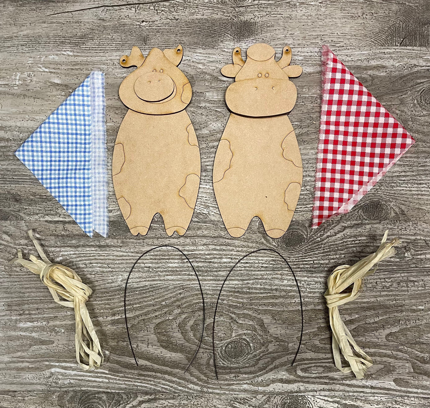 Cow or Pig hangers ready for you to paint - unpainted wood cutouts, fabric, wire and raffia