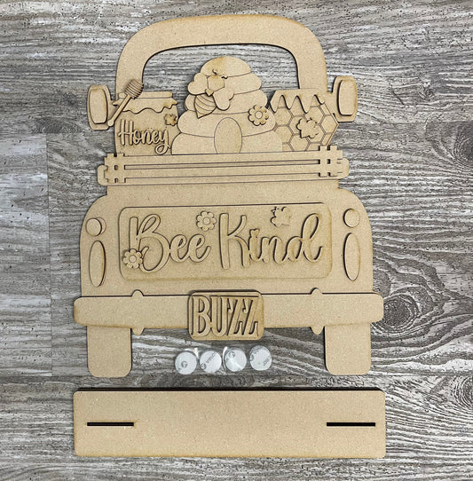 Bee Kind Truck with the removable piece and license plate unpainted wood cutouts, ready for you to paint, includes truck