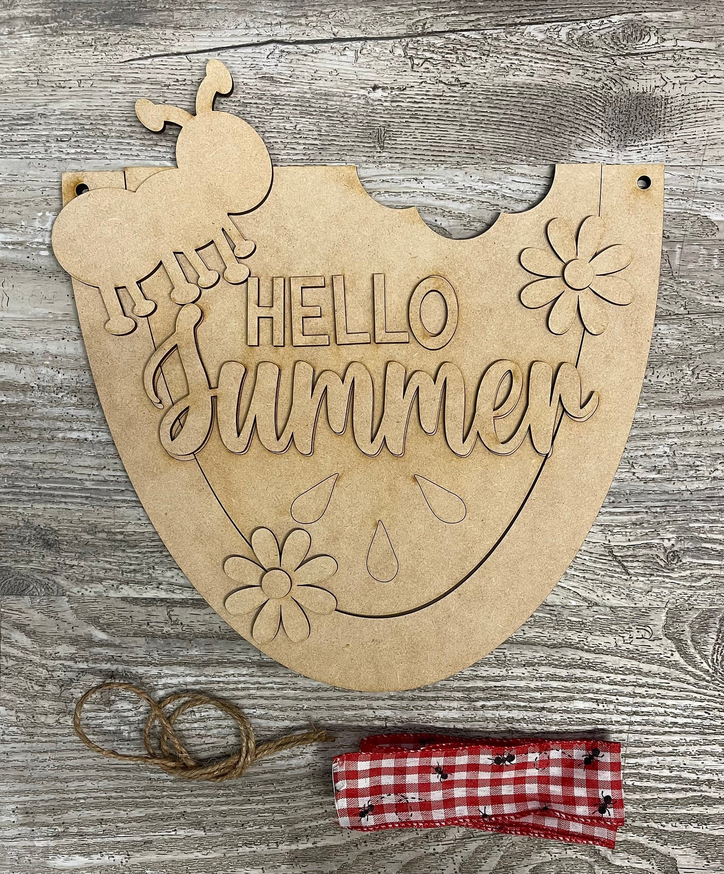 Hello Summer Watermelon sign kit, unpainted wooden cutouts - ready for you to paint, includes the circle