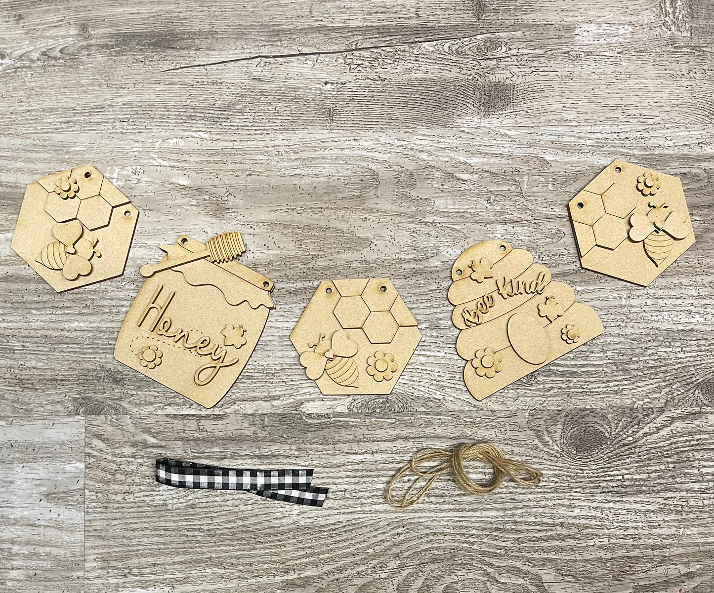 Bee Garland kit, unpainted wooden cutouts - Bee kit ready for you to paint, includes jute