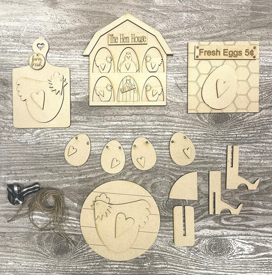 Chicken Tiered Tray kit, unpainted wooden cutouts - Chicken kit ready for you to paint, includes jute