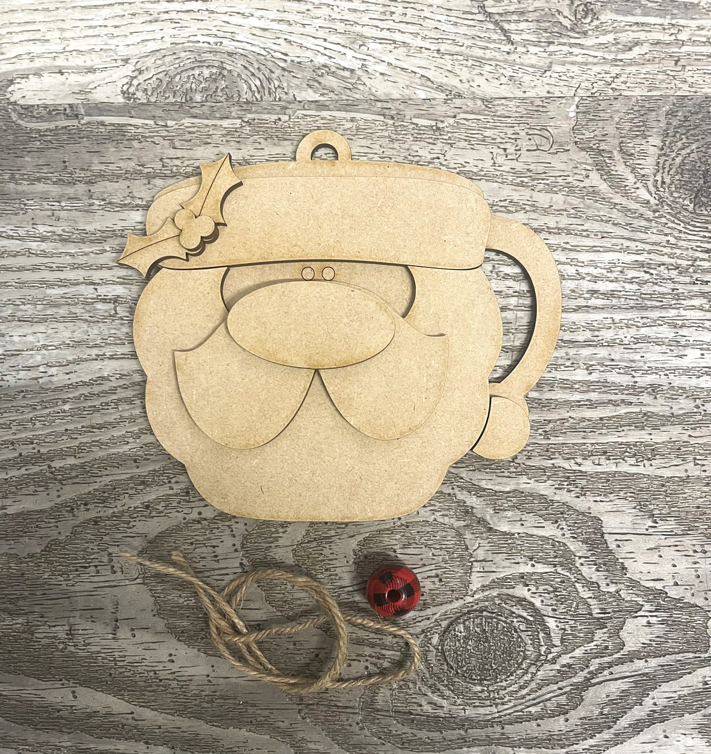 Santa Coffee Cup Ornaments, Unpainted Christmas Ornaments, unpainted ready for you to finish, with jute and beads
