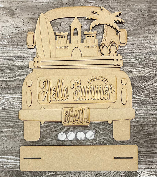Hello Summer Beach Truck with the removable piece and license plate unpainted wood cutouts, ready for you to paint, includes truck